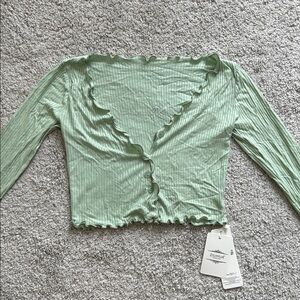 Sage Green Lettuce Ruffle V Cropped Top